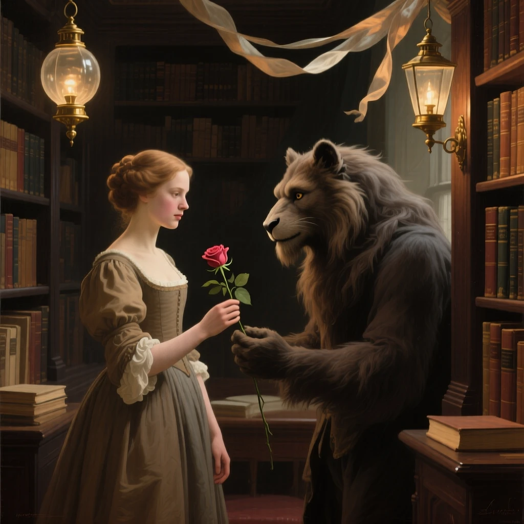 Beauty offering a rose to a gentle, misunderstood beast at the story's most enchanting and memorable turn, set within a cozy library filled with worn, beloved books, with lanterns swaying gently and silk ribbons catching the breeze; soft vignetting draws focus to the storyteller at the scene's heart, capturing the enchantment of tales passed down through generations.