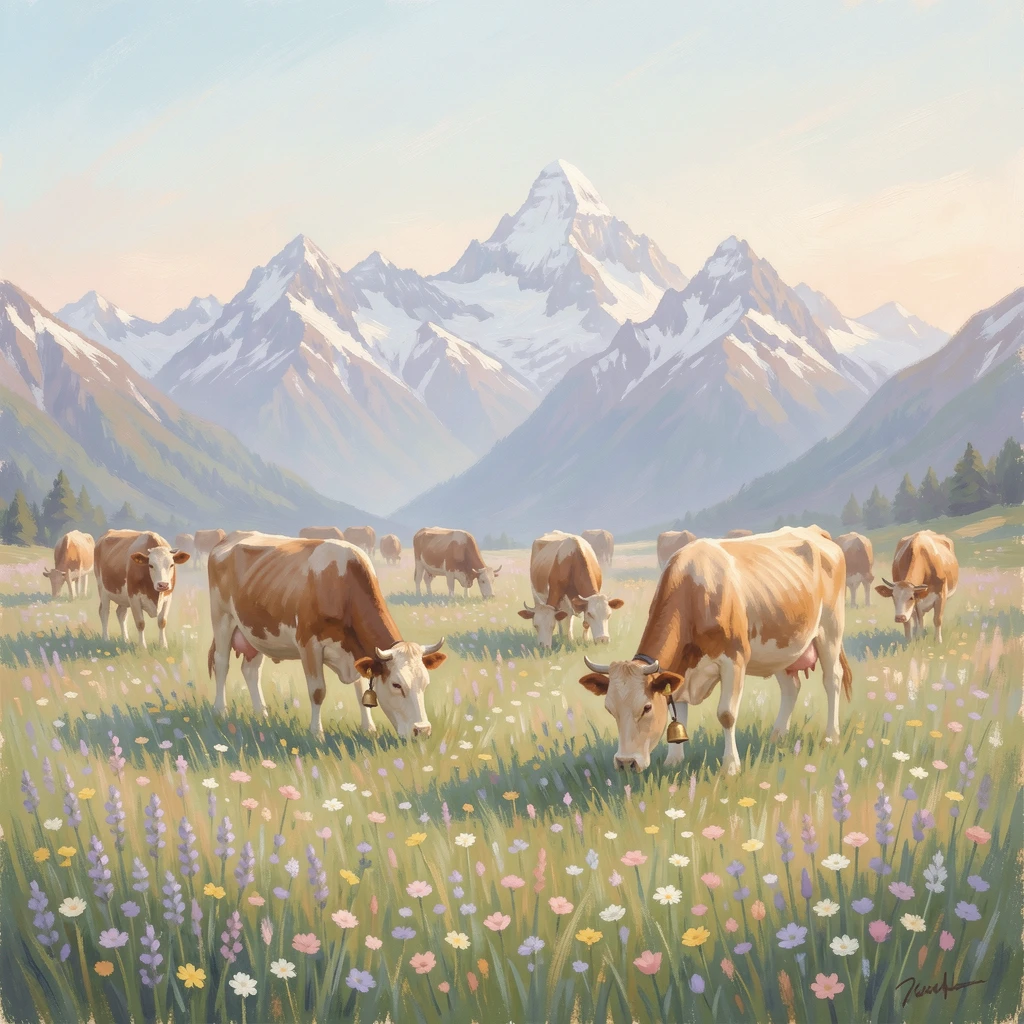 A remote alpine meadow scattered with wildflowers, snow-capped peaks rising behind a herd of grazing cattle with bells.