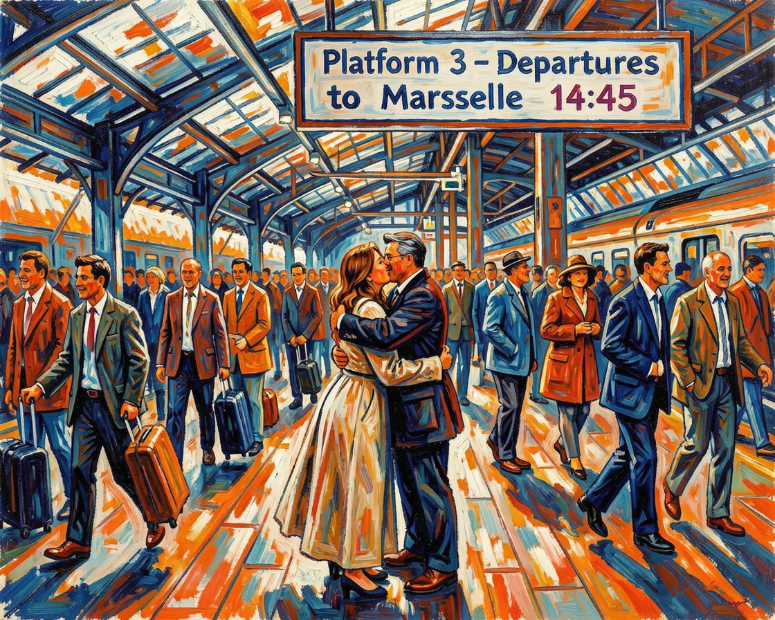 A bustling train station with travelers embracing at the platform's edge.