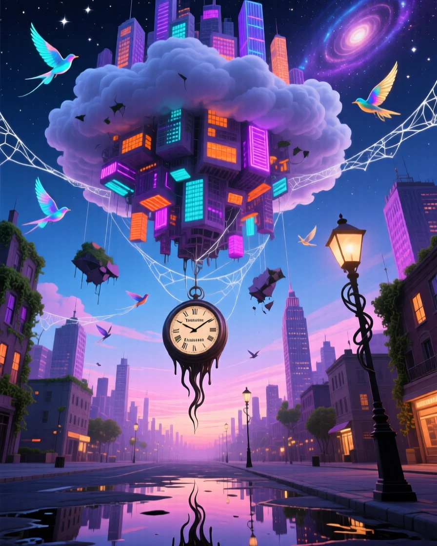An upside-down city hanging beneath a cloud bank hangs suspended between two identical skies, while flocks of birds weave between its floating pieces.