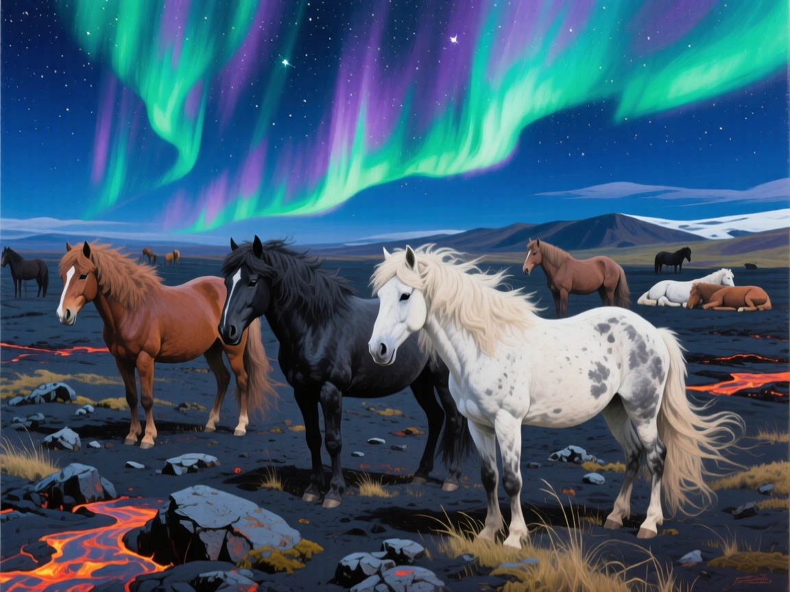 A herd of wild Icelandic horses grazes on a volcanic plain, their thick shaggy coats ruffled by wind beneath a sky streaked with the aurora, other members of its group visible nearby, reinforcing the social nature of the scene.