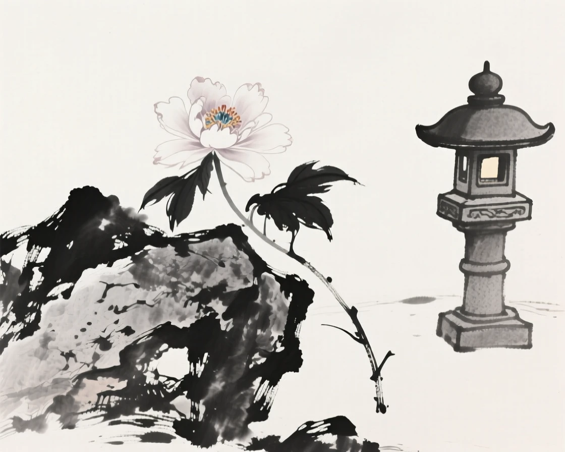 A single peony bloom rests beside a weathered garden rock, with a stone lantern standing quietly nearby.