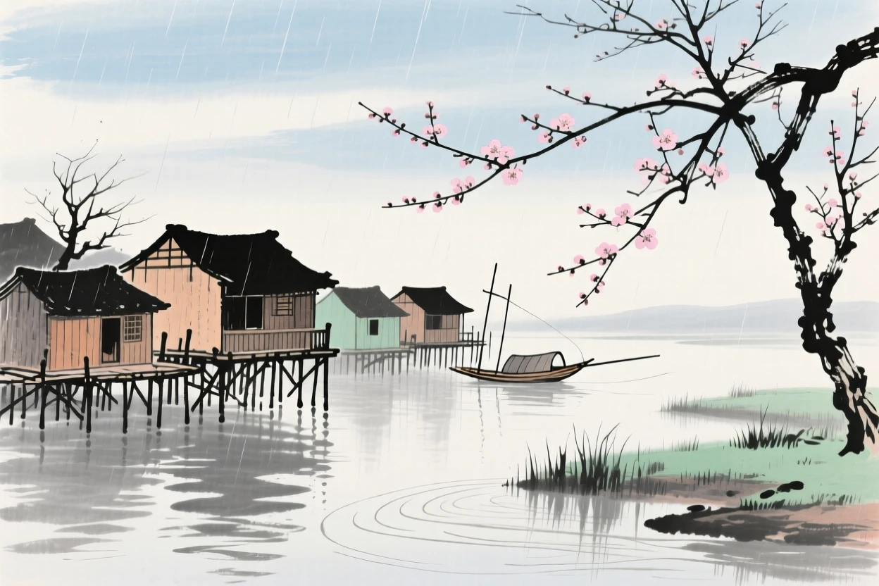 A fishing village of stilted houses along a quiet estuary, beneath a sky washed clean by rain, as the last plum blossoms cling to bare branches.