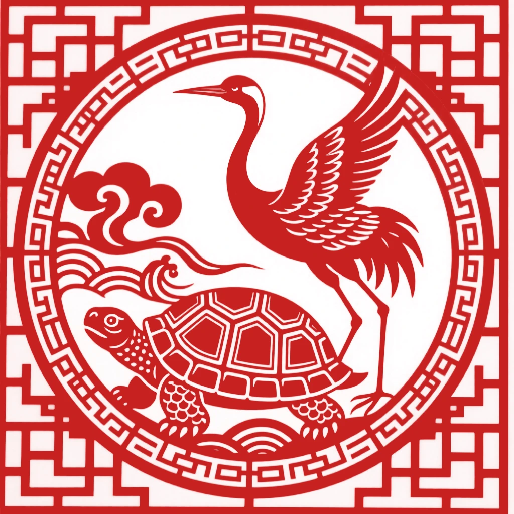 A crane standing on a tortoise's back, arranged within a circular medallion, a design meant to welcome abundance into the home.