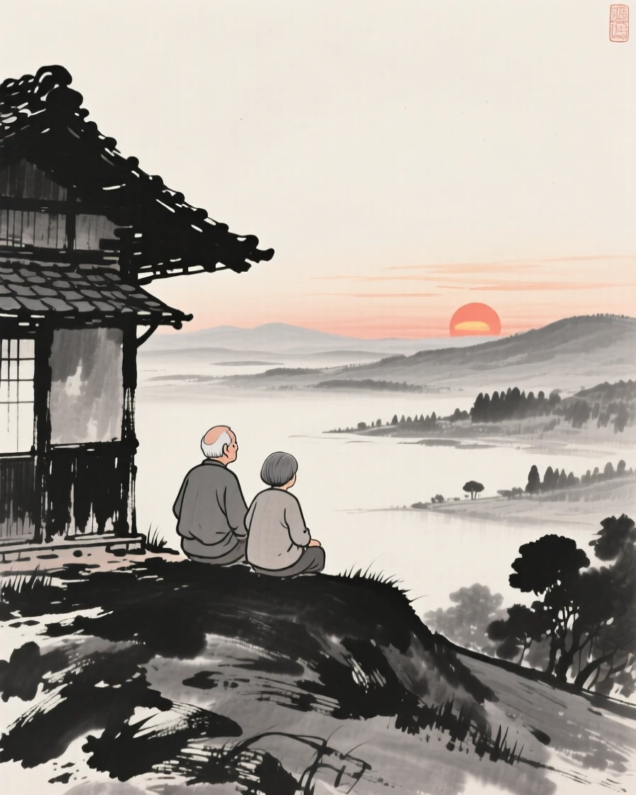An elderly couple watching the sunset from a hillside beneath the eaves of an old farmhouse, framed small within a vast, quiet landscape, capturing an everyday moment full of gentle humanity.