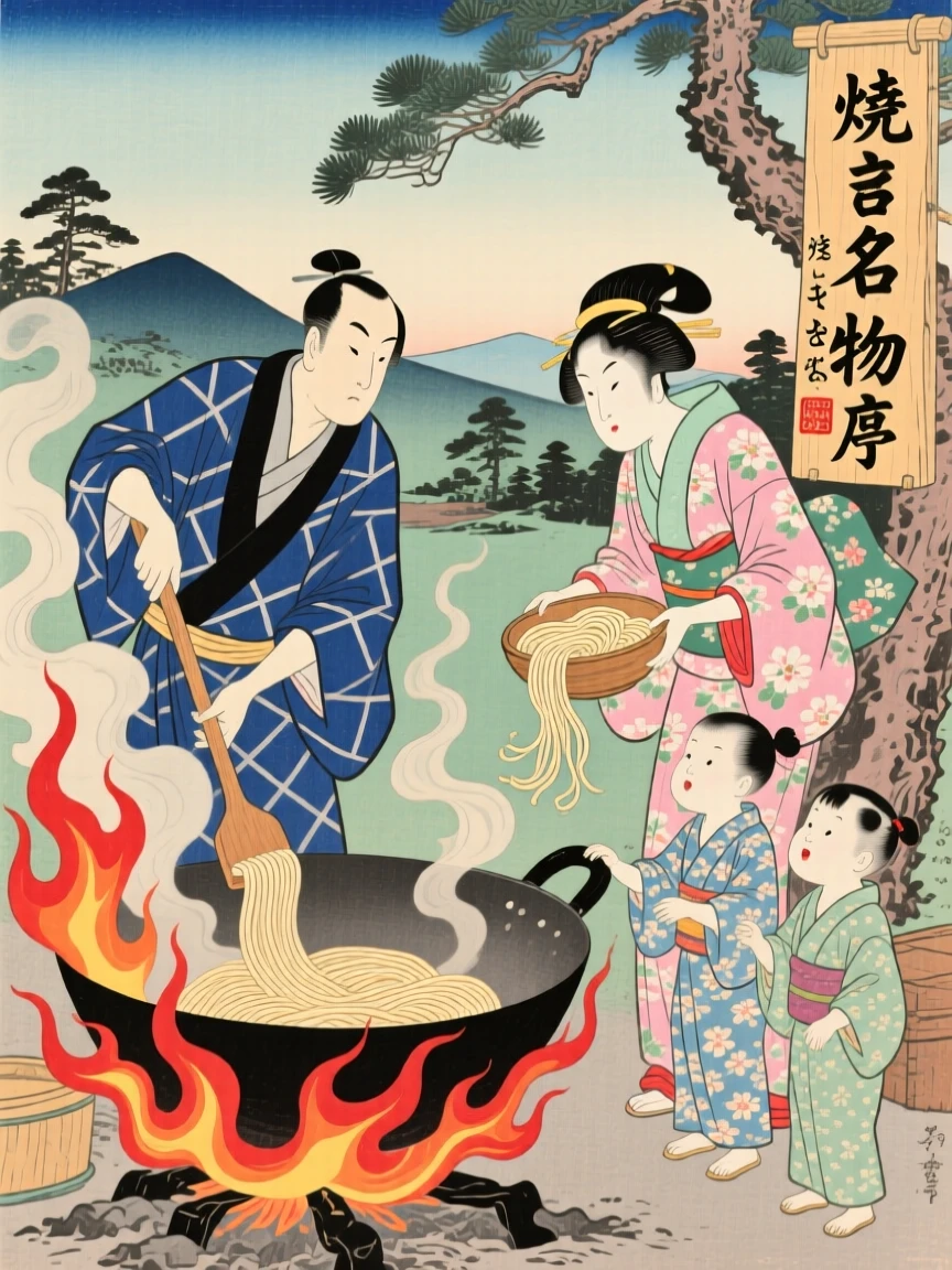 A family flipping noodles in a wok over roaring flames.