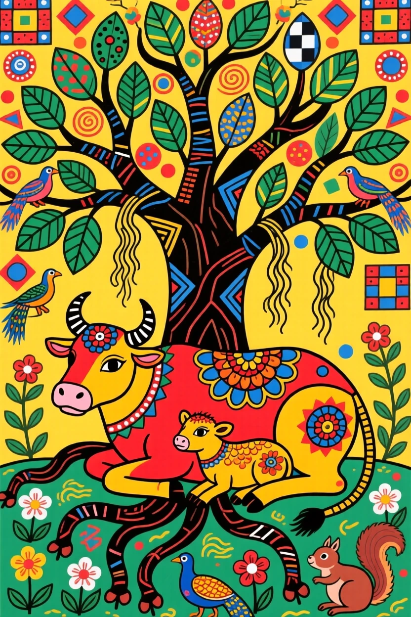A cow and her calf resting peacefully beneath a banyan tree.