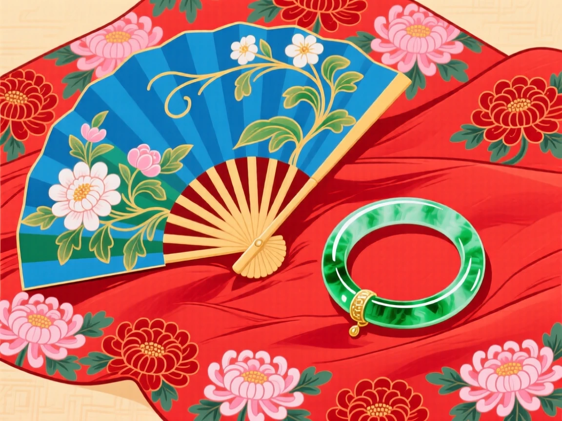 A hand fan and a jade bracelet resting on a red silk cloth.