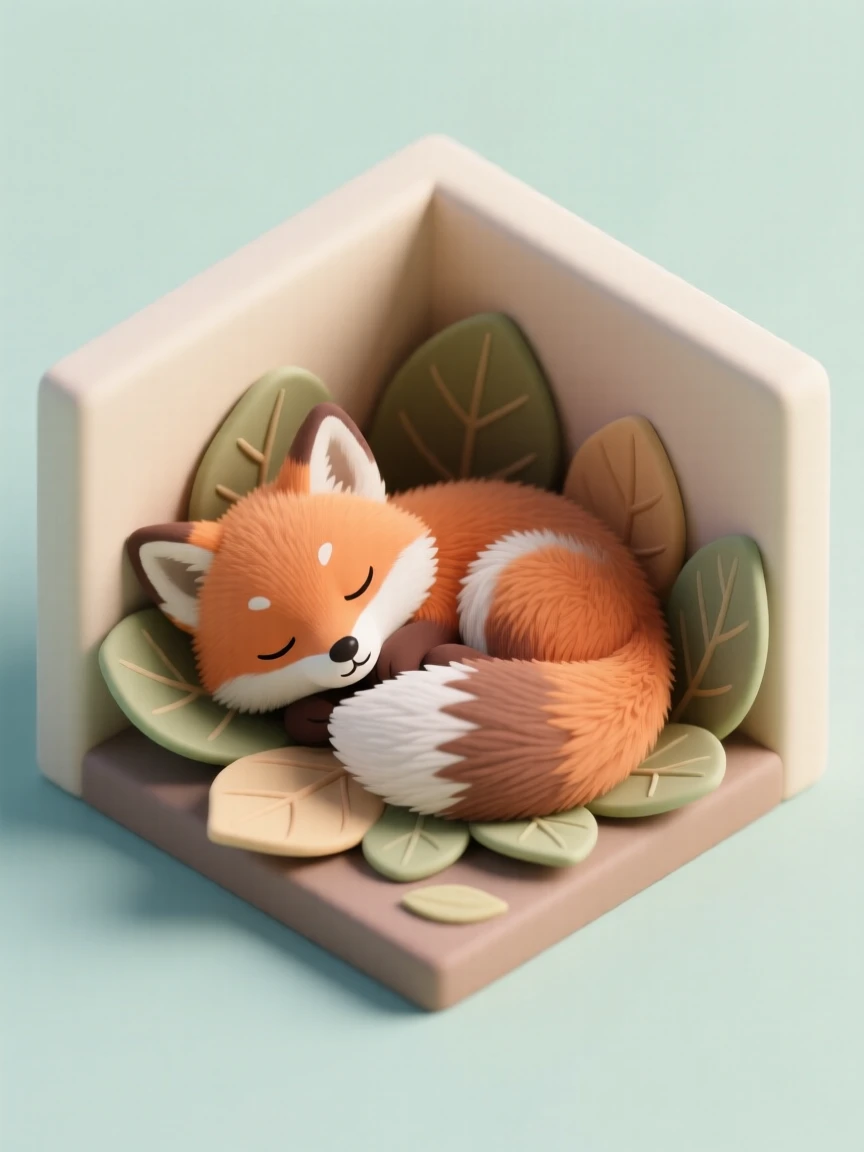 A fluffy baby fox curled up asleep in a den lined with soft leaves, its tail wrapped protectively around its body.