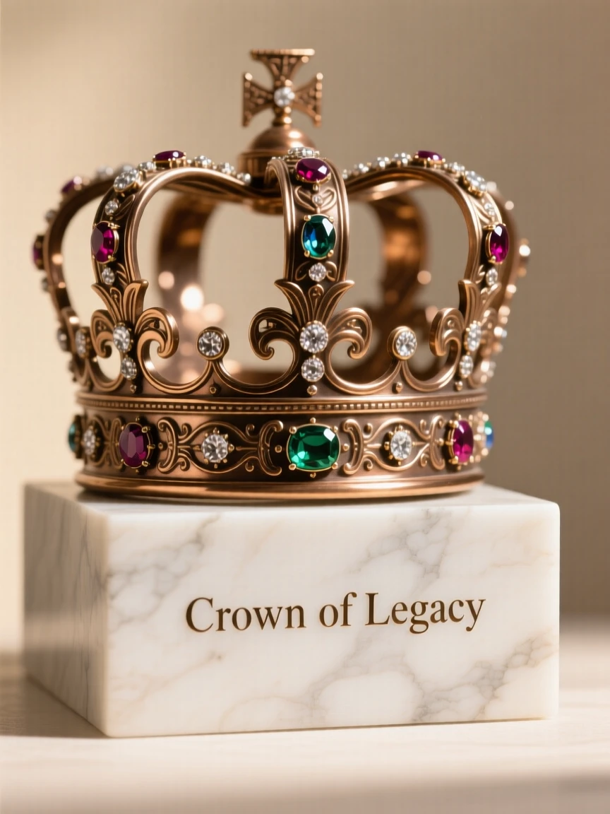 A jeweled ceremonial crown displayed atop a marble pedestal, set against a soft, elegant background, radiating elegance and refinement