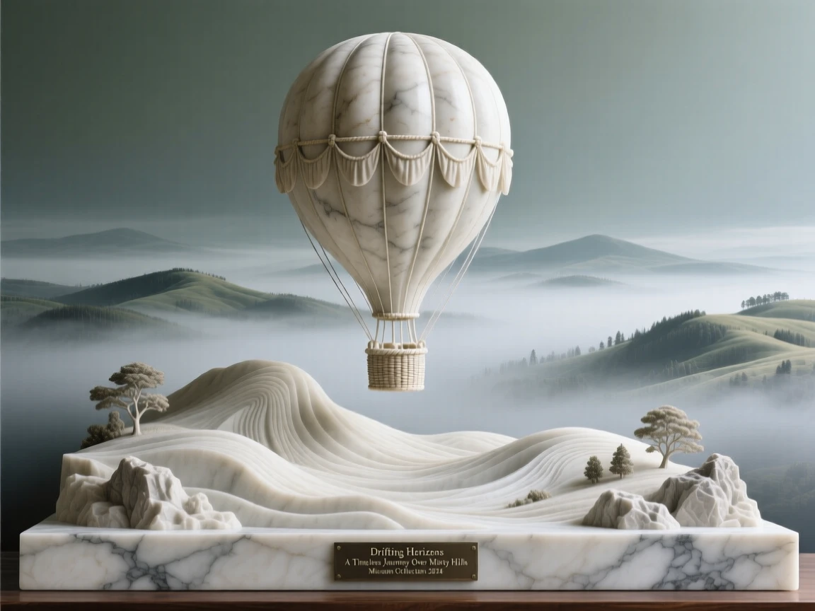 A sweeping, cinematic composition of a hot air balloon drifting over misty hills, capturing the raw beauty of the natural world