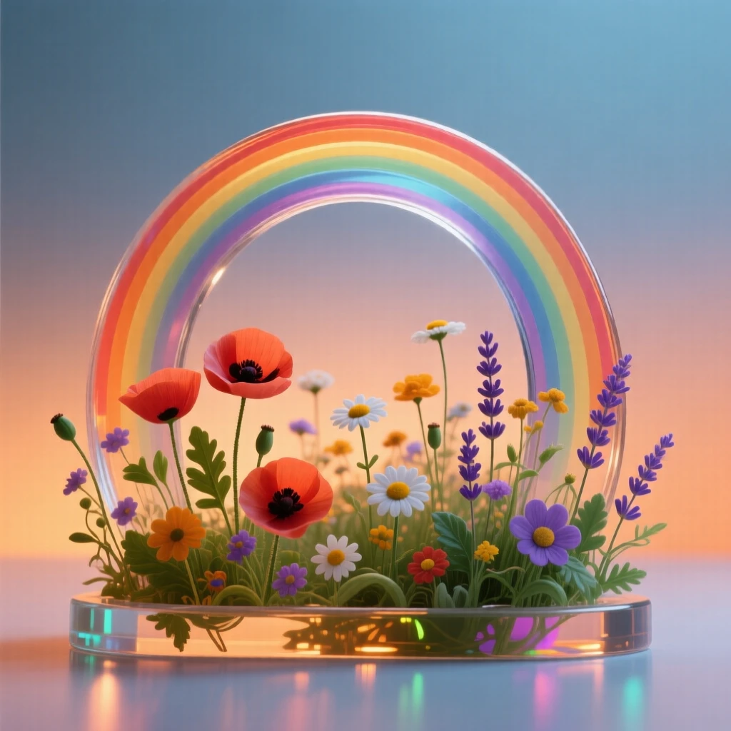 A field of wildflowers beneath a rainbow bathed in the warm glow of sunset, rich saturated colors, evoking a deep sense of wonder.