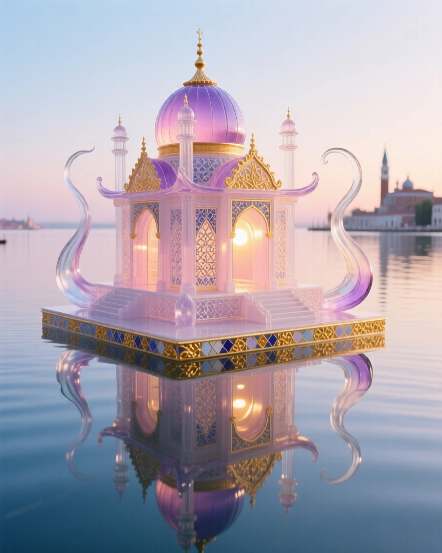 A floating temple reflected in a perfectly still lake at dawn, tranquil and sacred.