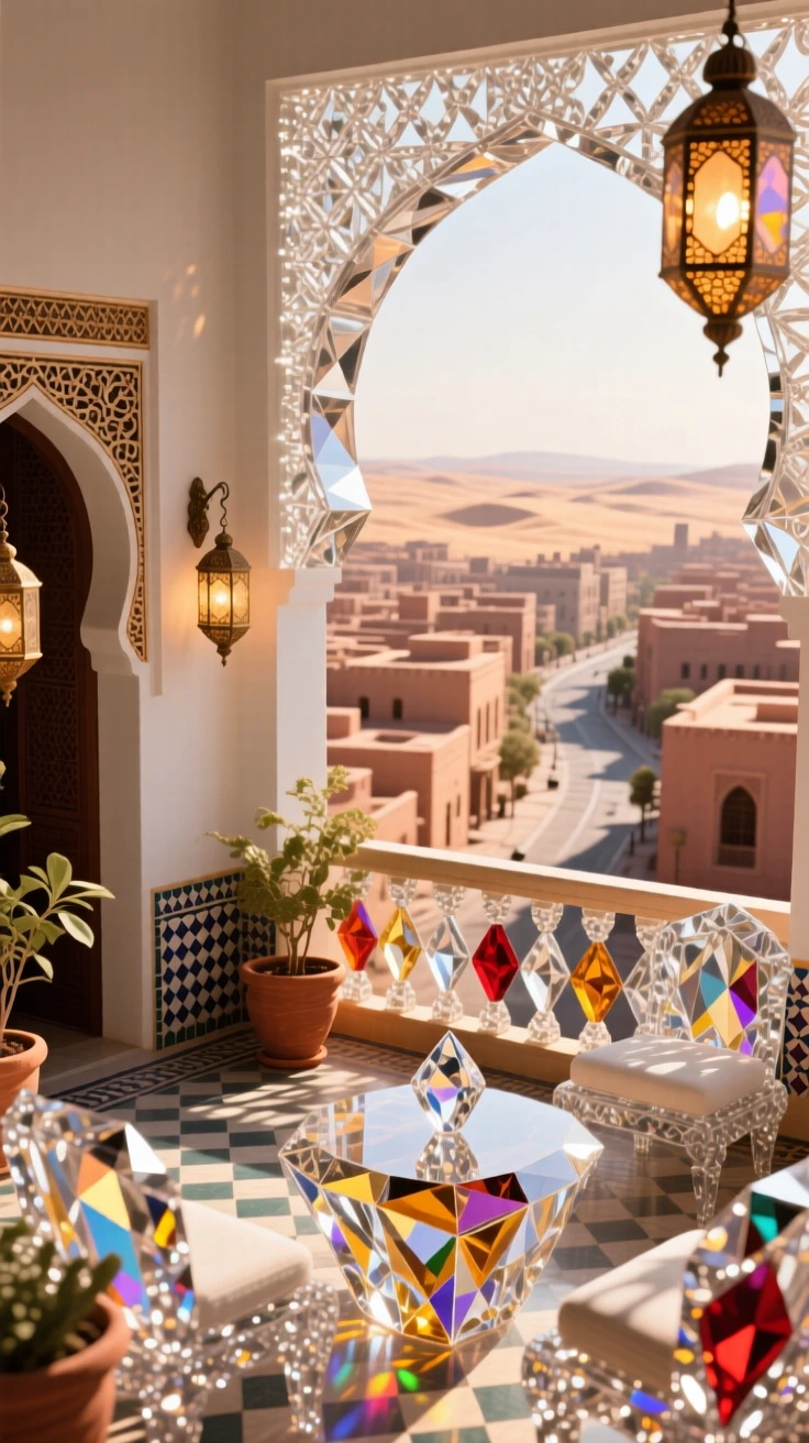 A traditional Moroccan riad rooftop terrace overlooking a maze of desert city streets.