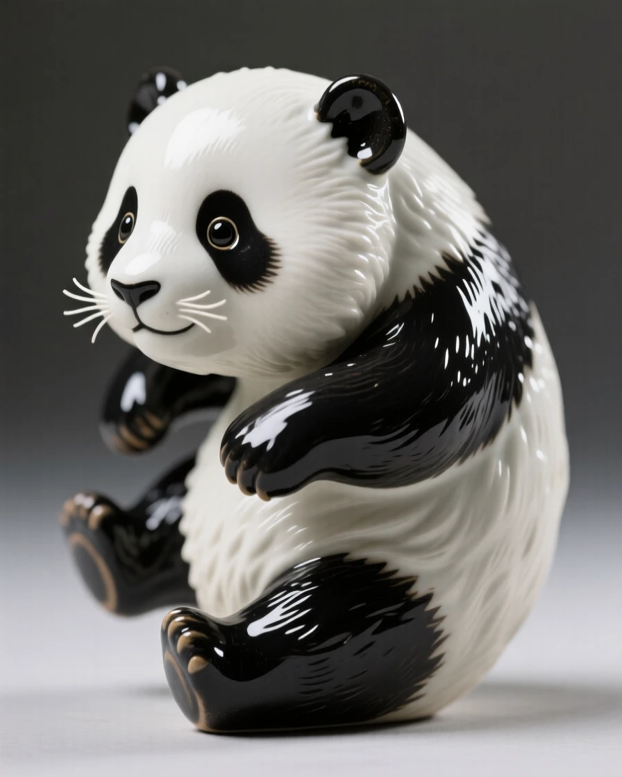 A panda cub tumbling gazing calmly toward the horizon, with delicate whiskers catching the light, evoking a quiet sense of wild dignity.