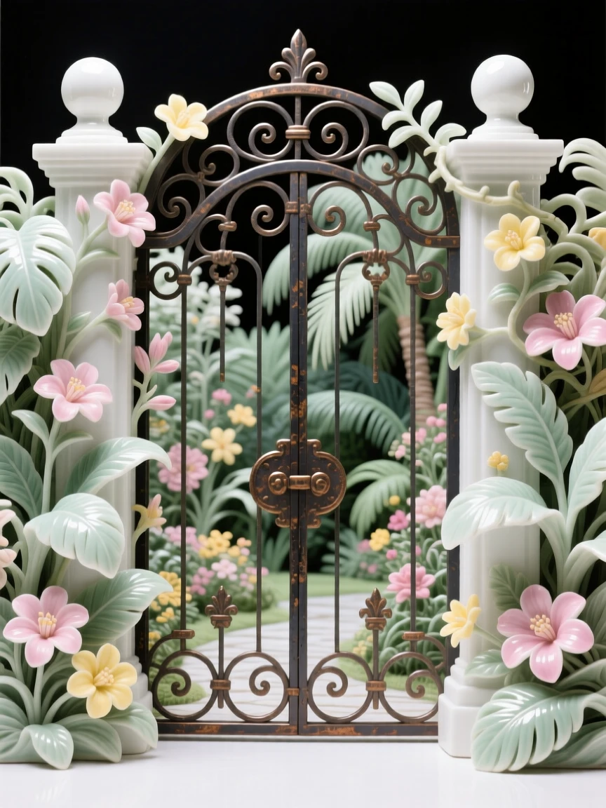 A sprawling tropical garden in full bloom, framed by an antique iron gate.