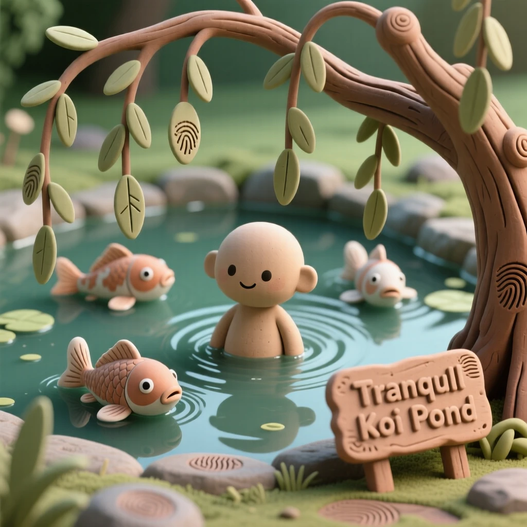 A tranquil koi pond surrounded by weeping willow branches