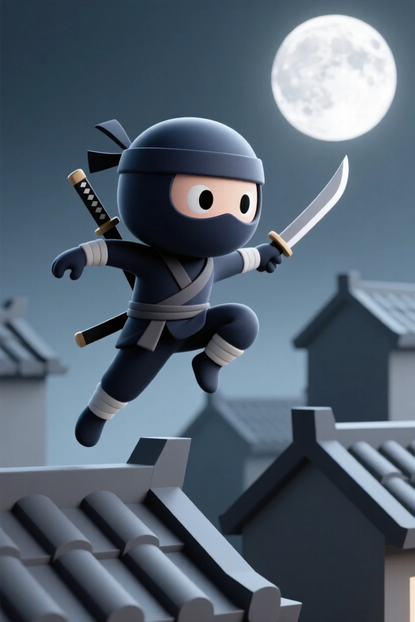 A stealthy ninja leaps silently across rooftops under a full moon, twin swords sheathed across her back.