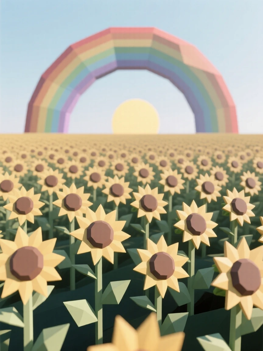 A field of sunflowers turned toward the sun, beneath a rainbow after a passing storm. the composition uses a wide, sweeping perspective. There is a quiet, meditative stillness.