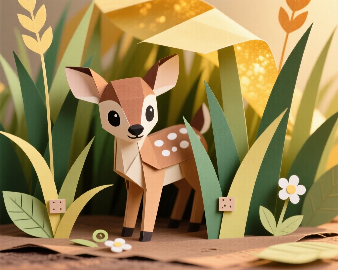 A shy baby deer peeking out from tall grass, with soft golden light catching its fur, evoking tenderness and family bonds.