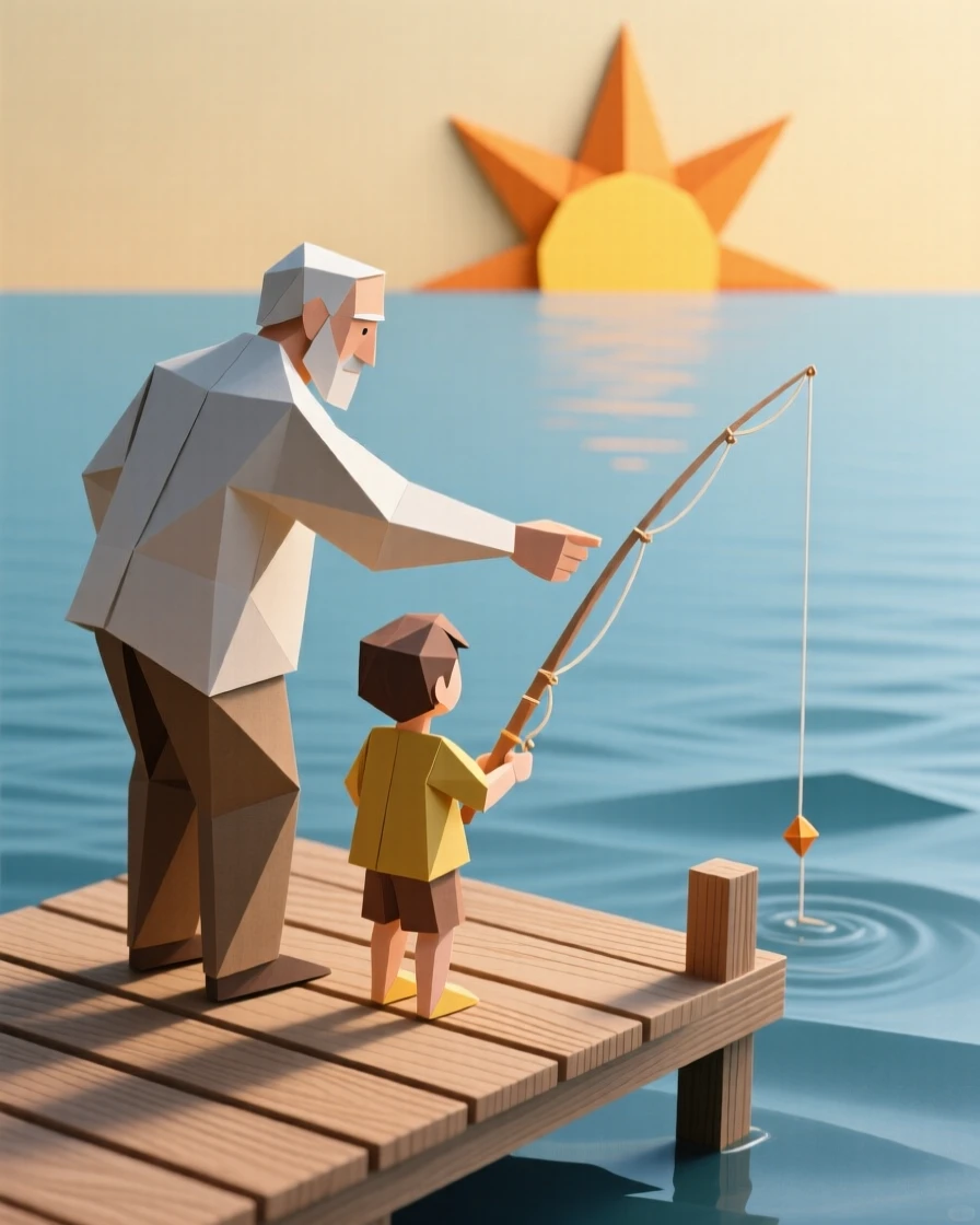 A grandfather teaching a grandchild to fish from a dock as the sun rises over the lake.