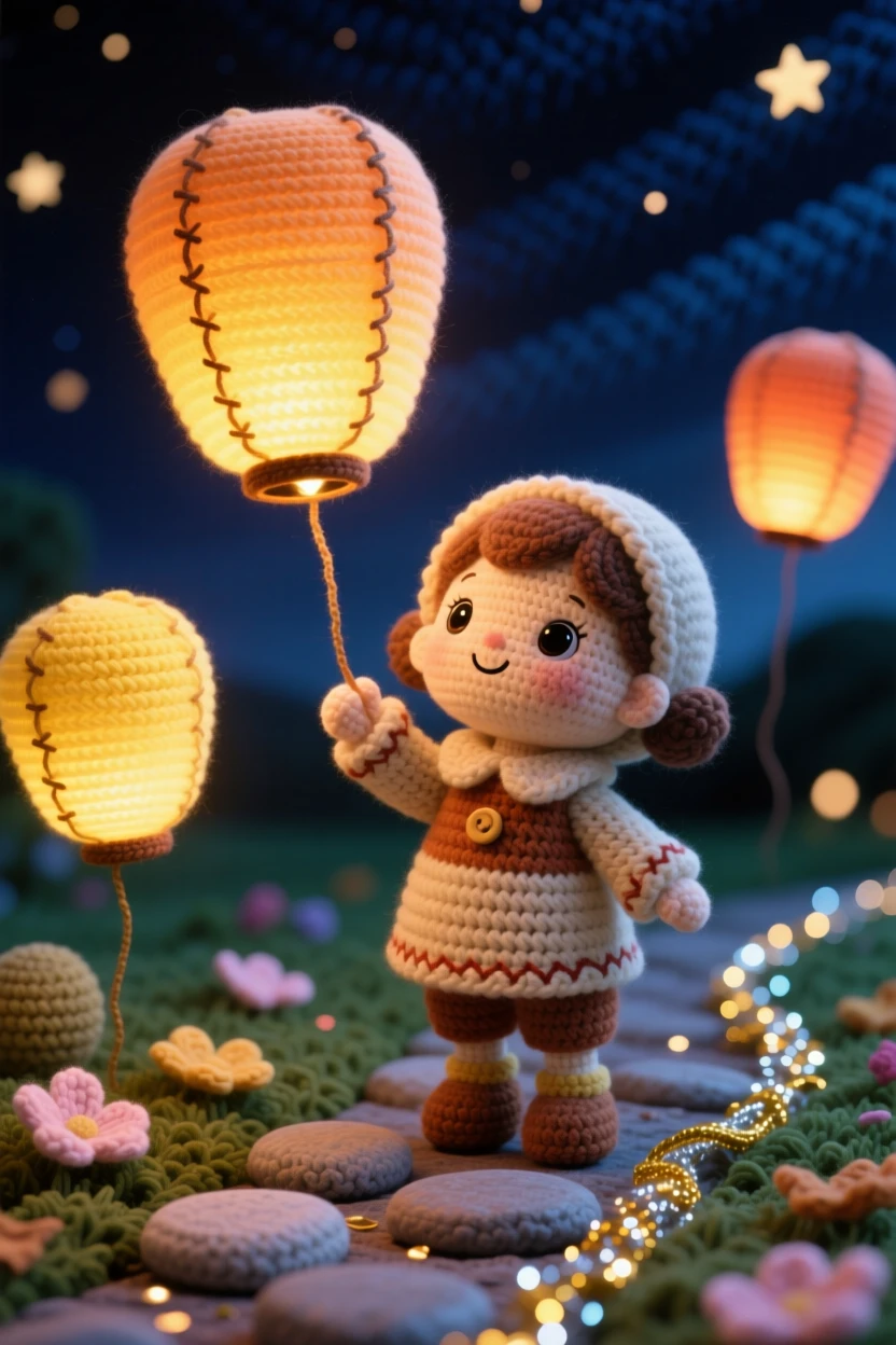 A festive scene of a small child releasing sky lanterns at a quiet evening celebration, watching lanterns drift into the night sky within a peaceful garden path scattered with fallen petals; a trail of glittering confetti nearby, radiating quiet, comforting seasonal tradition.