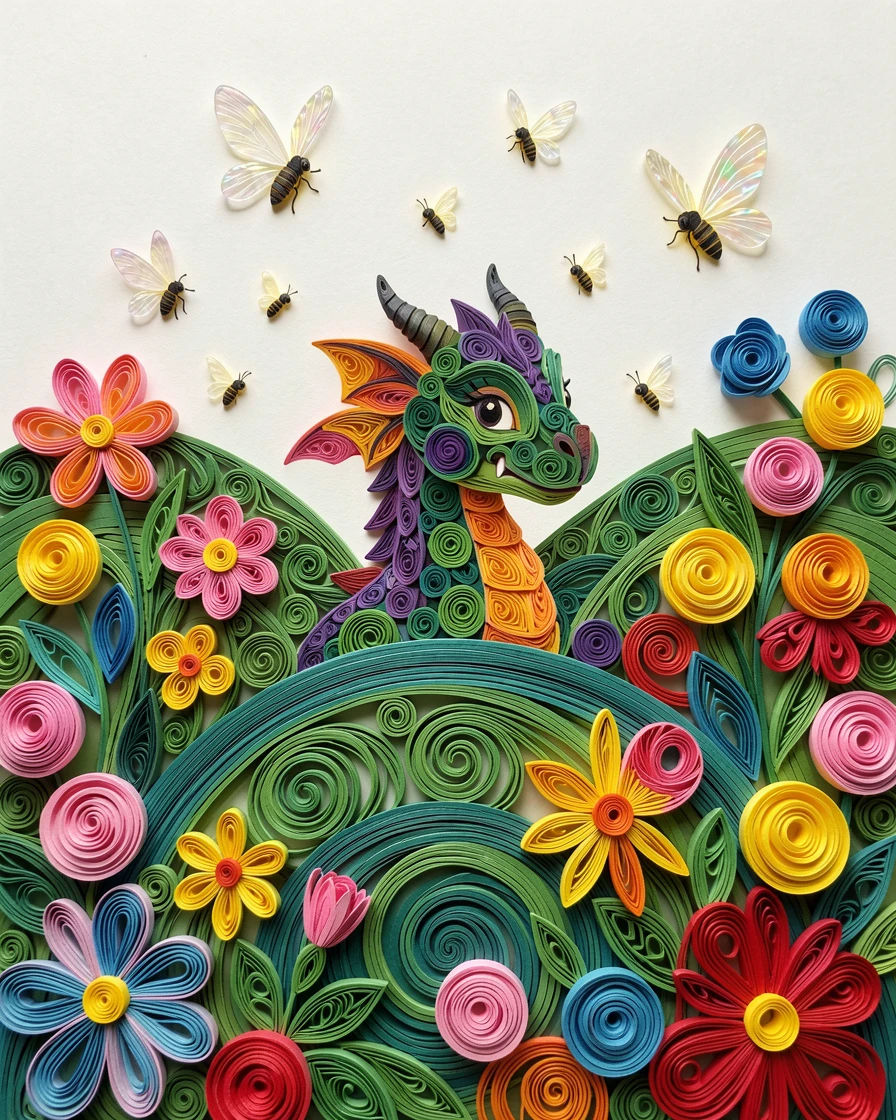 A whimsical children's scene of a picture-book dragon peeking shyly from behind a hill in an enchanted backyard garden, with tiny glowing fireflies scattered about, composed with a fun, exaggerated sense of scale.