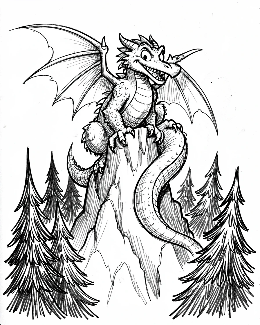 A dragon perched atop a mountain peak in a forest of towering pines.