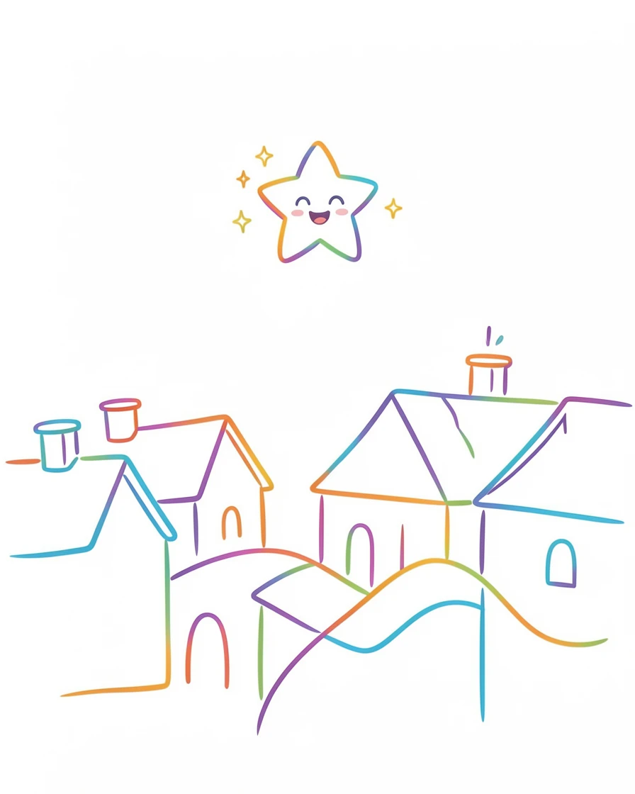 A tiny star character with a smiling face twinkling above a sleeping town.