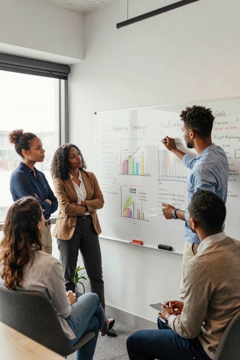 A team collaborating around a whiteboard in a modern office