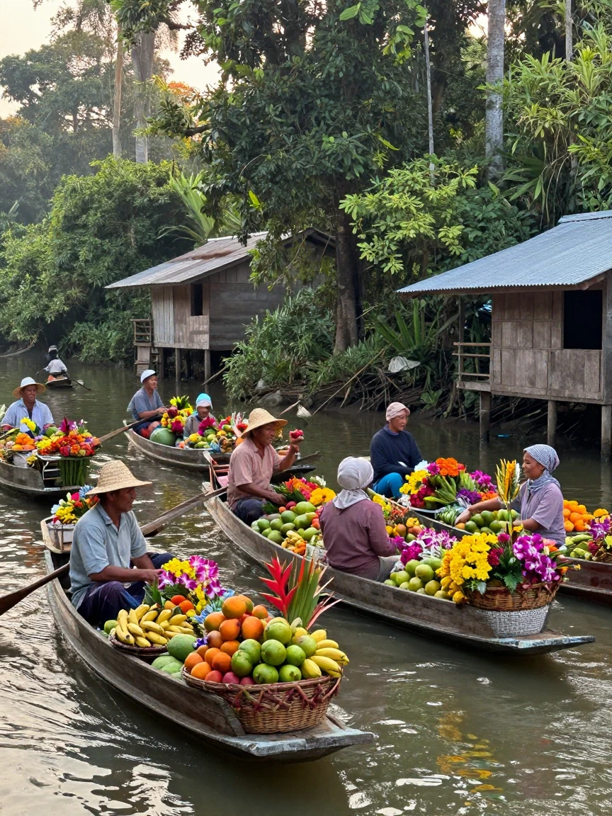 A floating market drifts along a jungle river, boats piled high with fruit and flowers.
