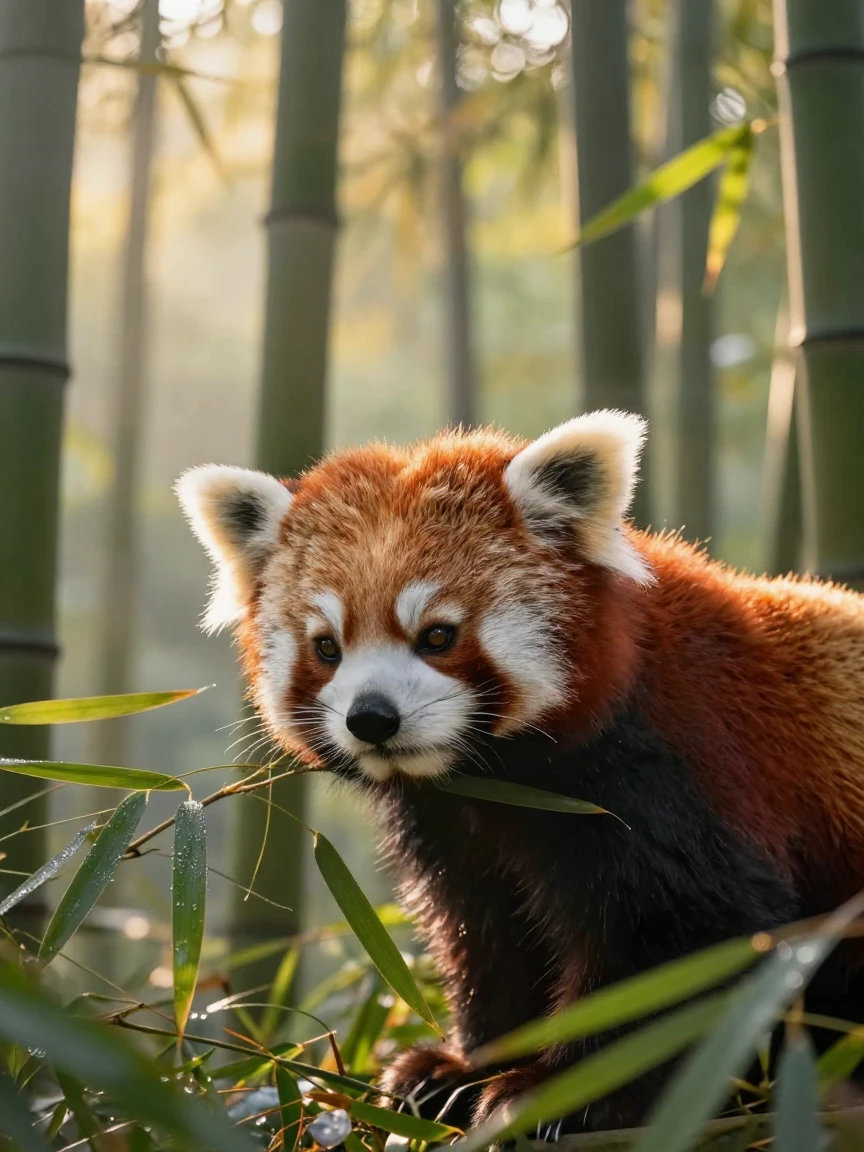 A red panda nuzzling affectionately in the early morning in a quiet bamboo grove