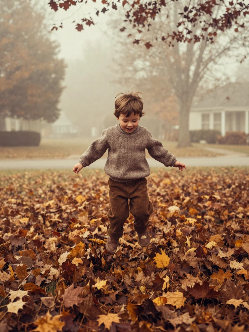 A child jumping into a pile of fallen leaves, in warm morning light, in thick rolling fog, in autumn, with rich burgundy and gold accents, at eye level, intimate and direct.