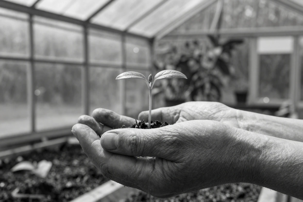 A hand holding a seedling cradles new life about to be planted in a sunlit greenhouse.