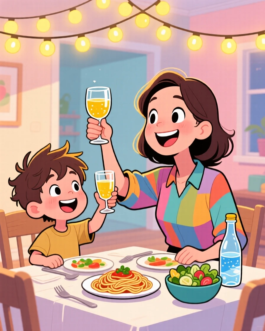 A heartwarming scene of a single mother and her son celebrating with a toast around the dinner table, under a canopy of string lights.