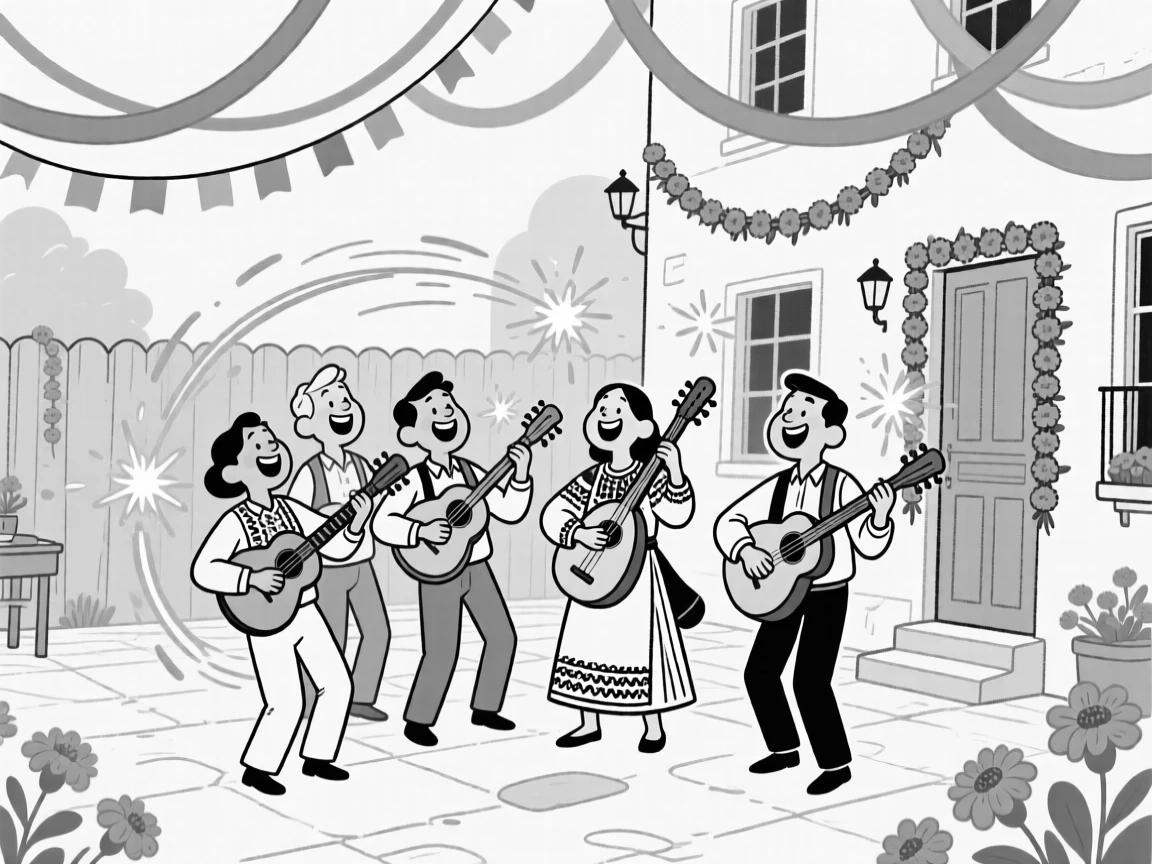 Musicians playing traditional instruments in a town square, giggling as sparks fly in bright arcs, set in a backyard strung with bright party streamers. Strings of marigolds hang from every doorway. The scene overflows with communal joy and tradition.