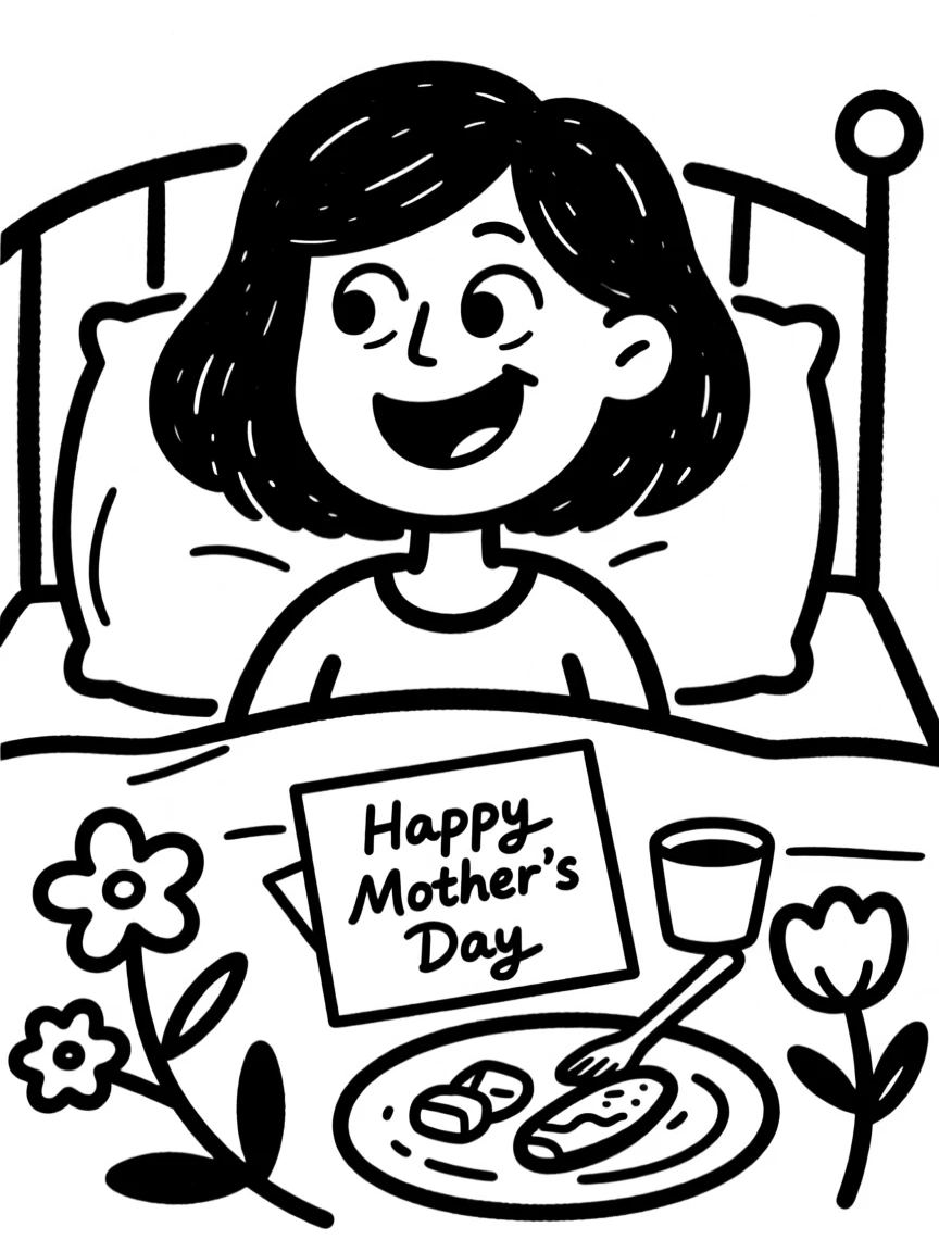 A Mother's Day breakfast in bed scene with flowers and a handmade card.