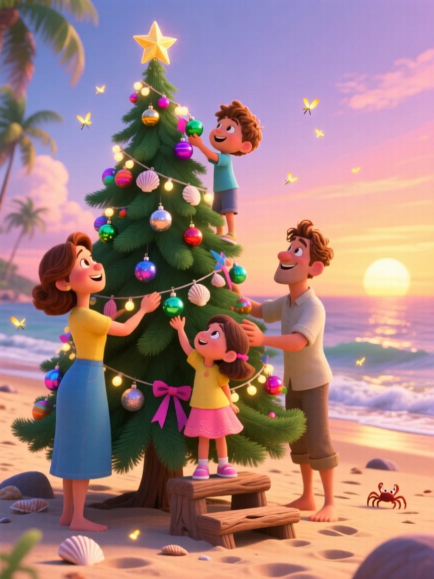 A family decorating a tall pine tree happens on a beach during a warm summer sunset, with fireflies flickering in the dusk. A bright, merry energy fills the entire scene.