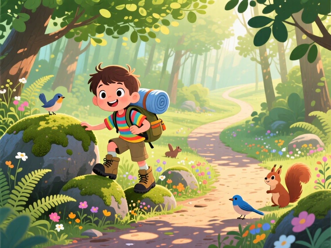 In a winding forest path, a curious camper is climbing over mossy boulders, as sunlight filters through the leaves.