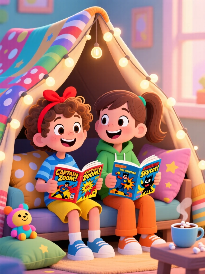 Two childhood friends reading comic books under a blanket fort.