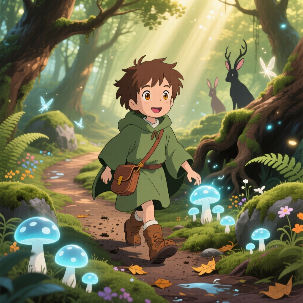 A young explorer following a trail of glowing mushrooms through a forest, the moment adventurous and hopeful.