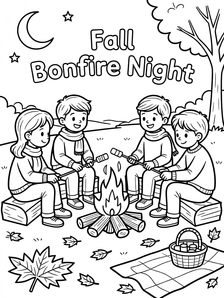 A fall bonfire night with friends roasting marshmallows