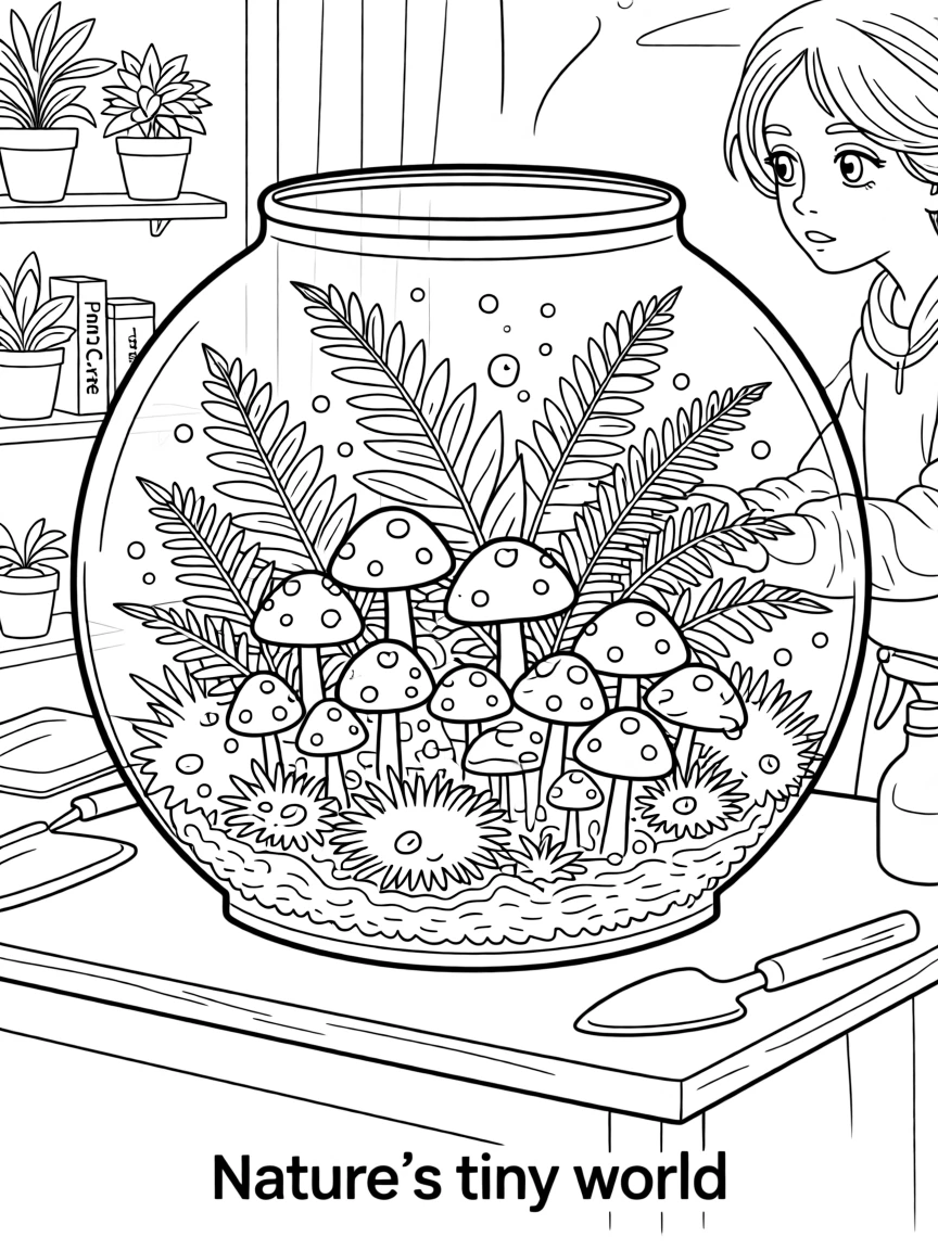 A terrarium filled with moss, ferns, and tiny mushrooms, with tiny water droplets clinging to every leaf.