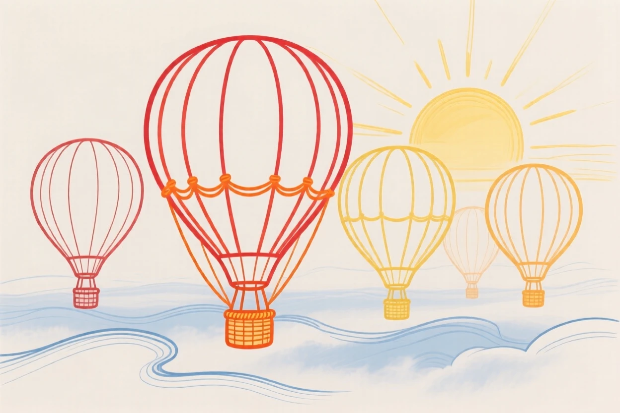A fleet of colorful hot air balloons rising at sunrise.
