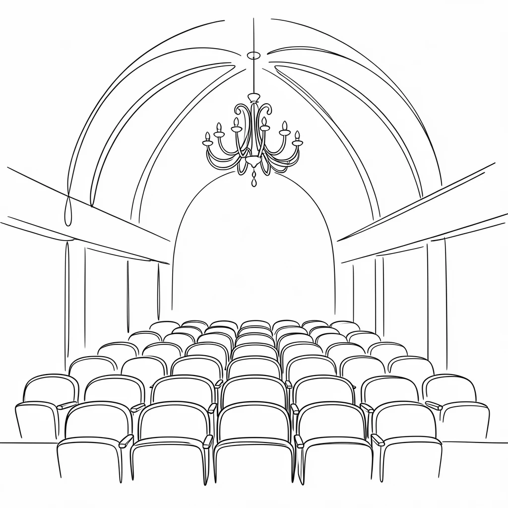 A grand chandeliered concert hall filled with rows of empty seats