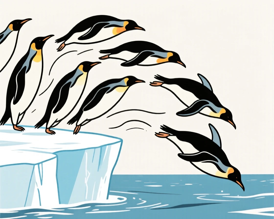 A group of penguins diving off an ice shelf into the sea.