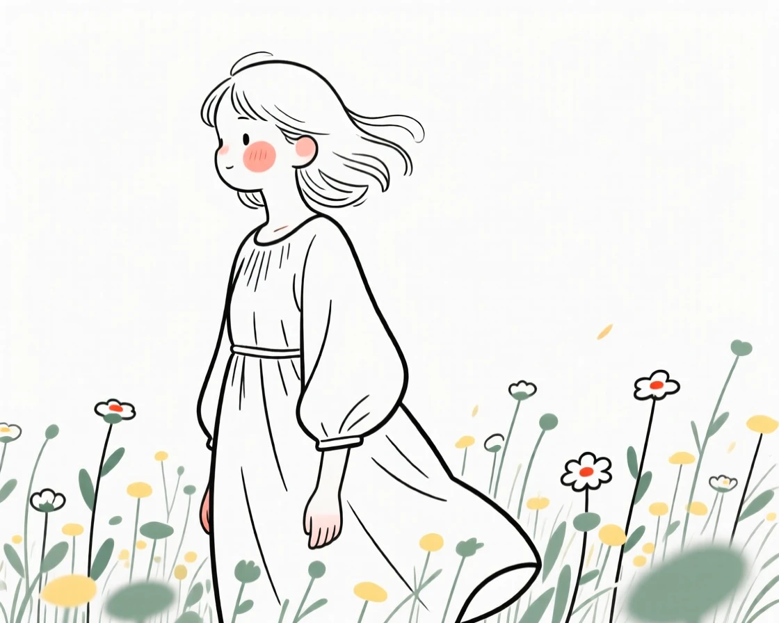 A teenage girl of French heritage in a flowing bohemian dress, exuding gentle warmth, in a field of wildflowers.