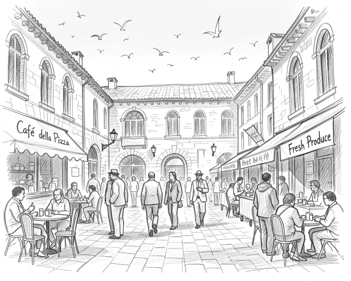 A stunning view of a bustling old-world piazza beneath a clear blue sky, with birds circling overhead.