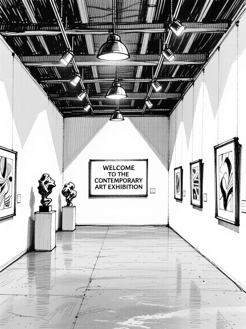 A modern art gallery with white walls and dramatic overhead lighting.
