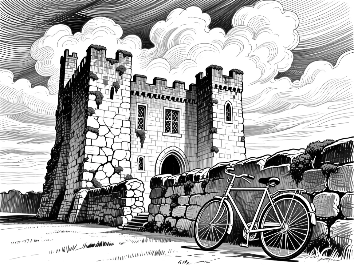 An ancient stone castle under a dramatic sky, featuring a bicycle leaning against the wall, rendered in an elegant and serene architectural composition.